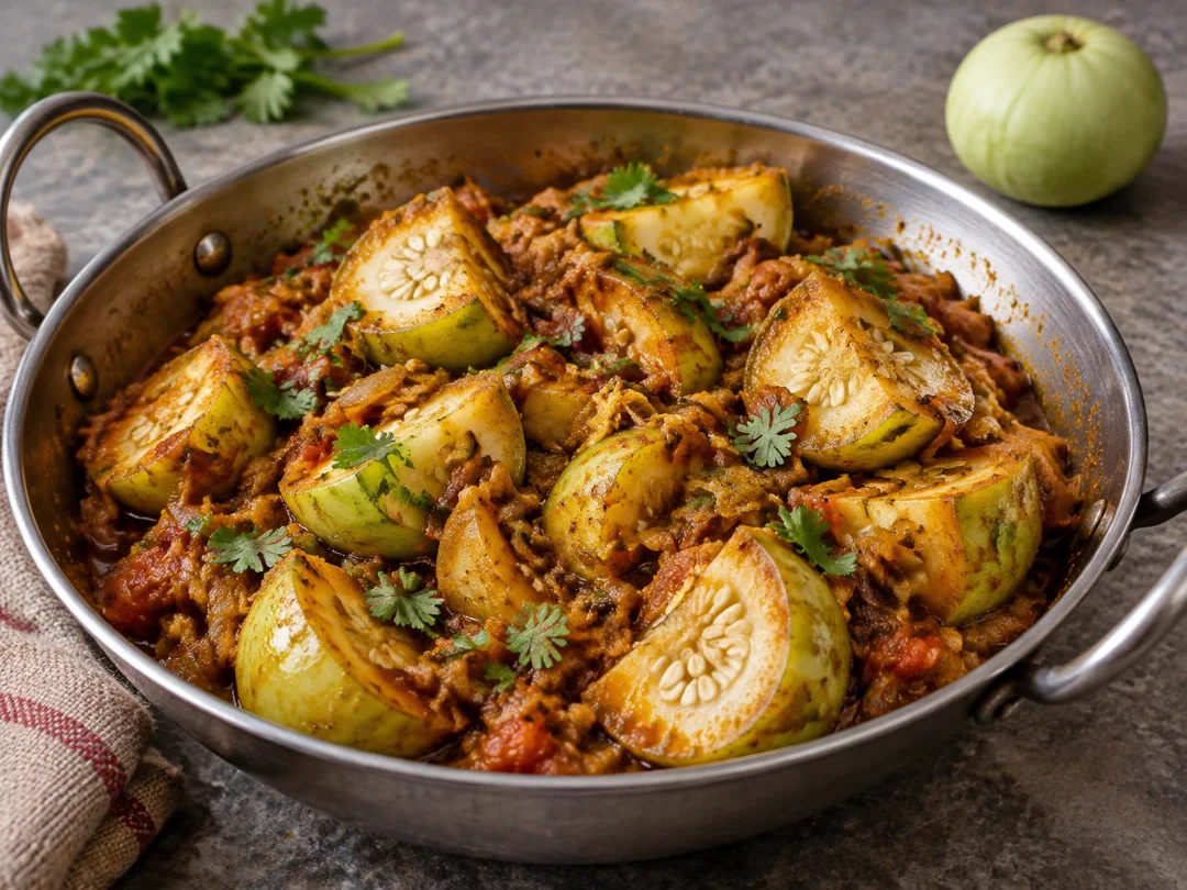 Tinda Masala — Quartered round apple gourds with visible seed centers in rustic onion-tomato masala