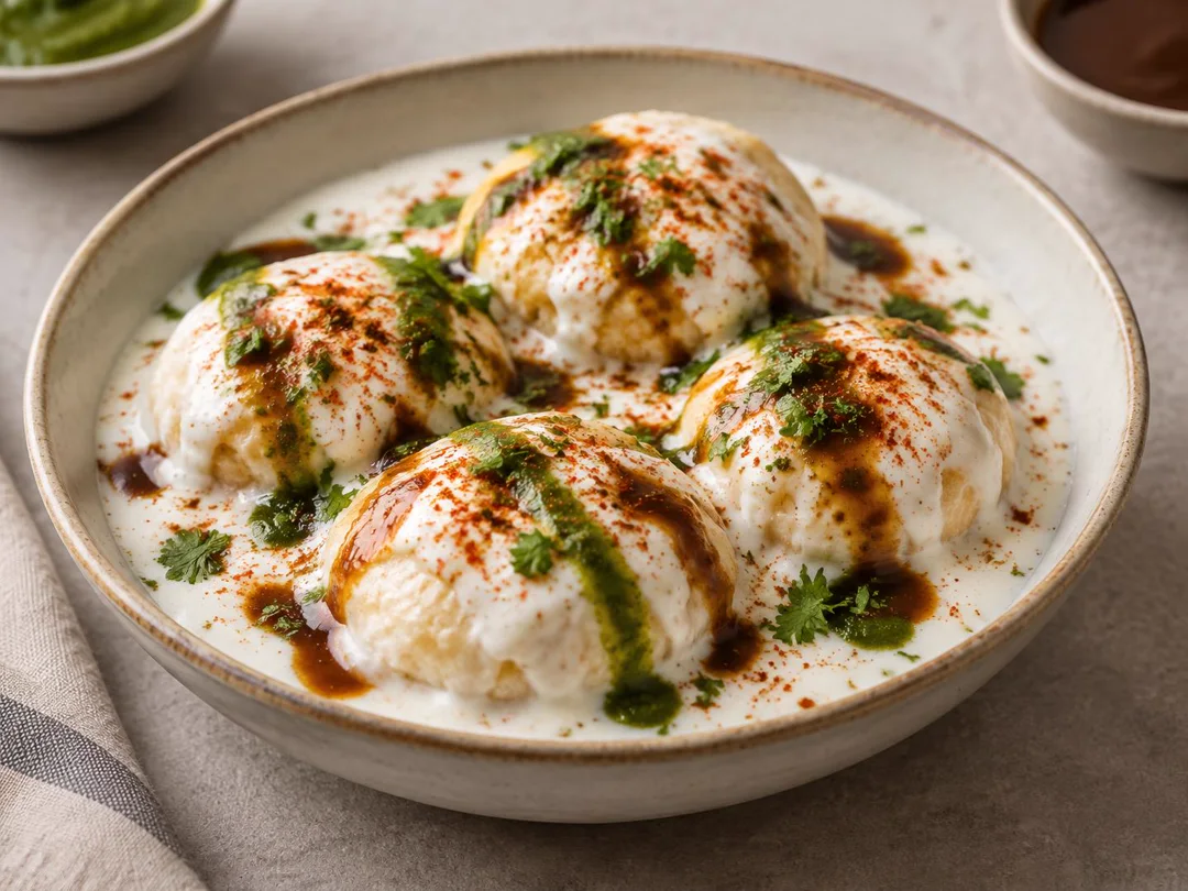Dahi Vada — Soft dahi vadas covered with yogurt, tamarind and green chutneys