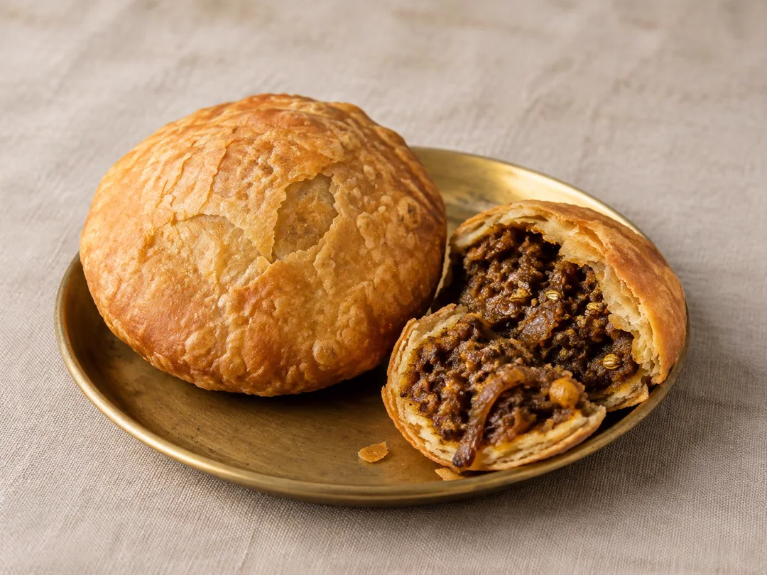 Pyaaz Kachori — Rajasthani pyaaz kachori with crisp flaky crust and exposed spiced onion filling
