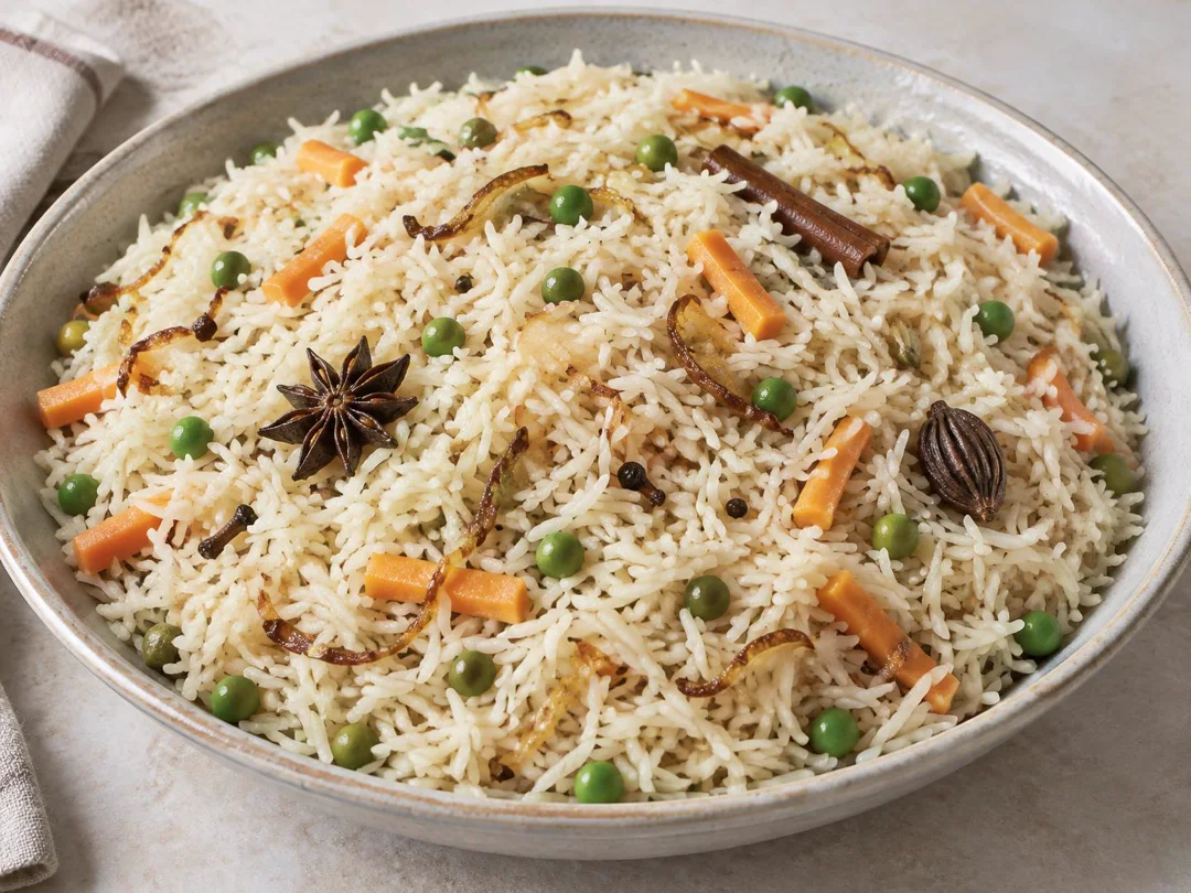 Veg Yakhni Pulao — Pale Awadhi vegetable yakhni pulao with separate basmati grains, carrot, peas and whole spices