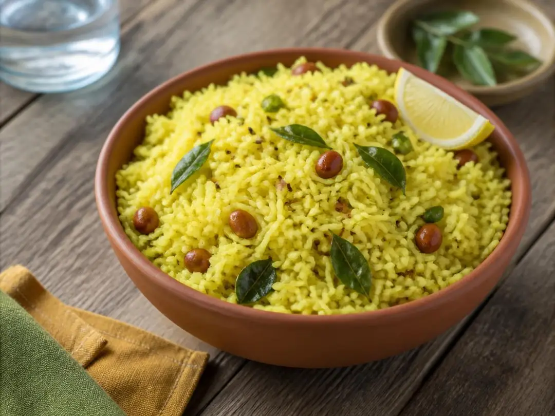 Lemon Rice — Yellow lemon rice with peanuts, curry leaves and lemon
