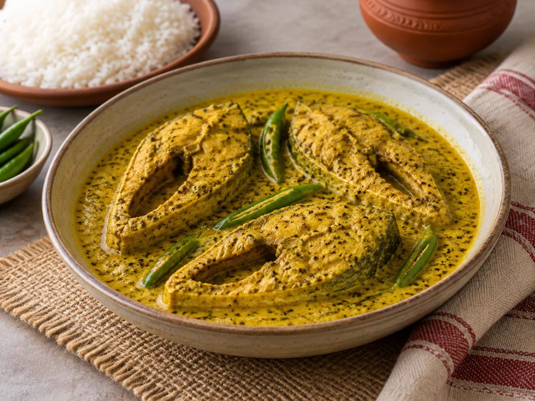 Shorshe Ilish — Hilsa fish steaks in yellow Bengali mustard gravy with green chillies