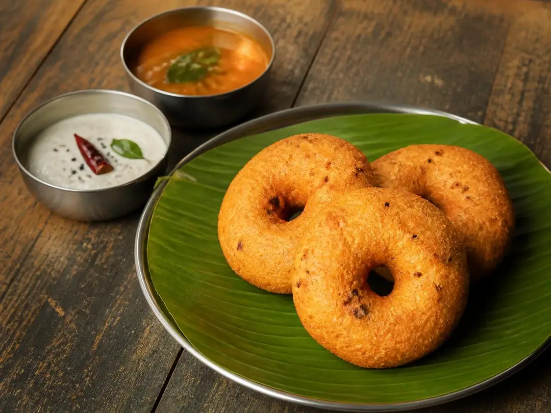 Medu Vada — Crisp ring-shaped medu vada with chutney and sambar