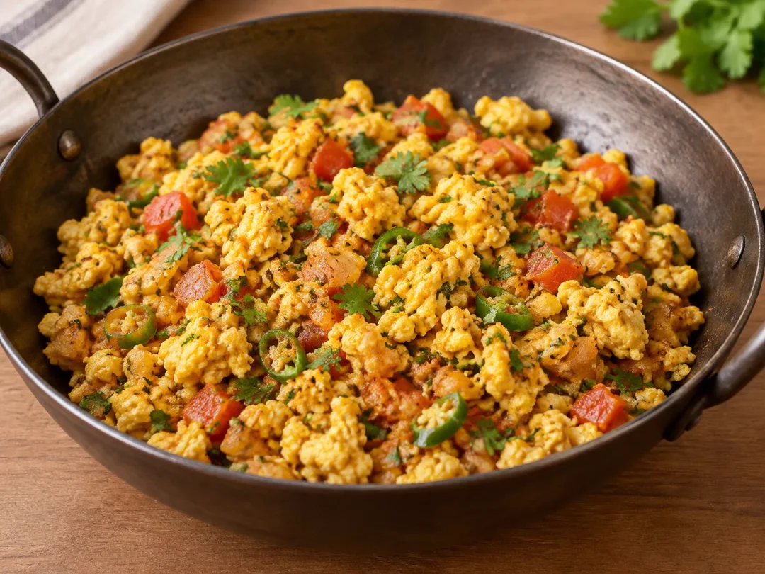 Anda Bhurji — Semi-dry Anda Bhurji with loose scrambled eggs, onion, tomato, green chilli and coriander