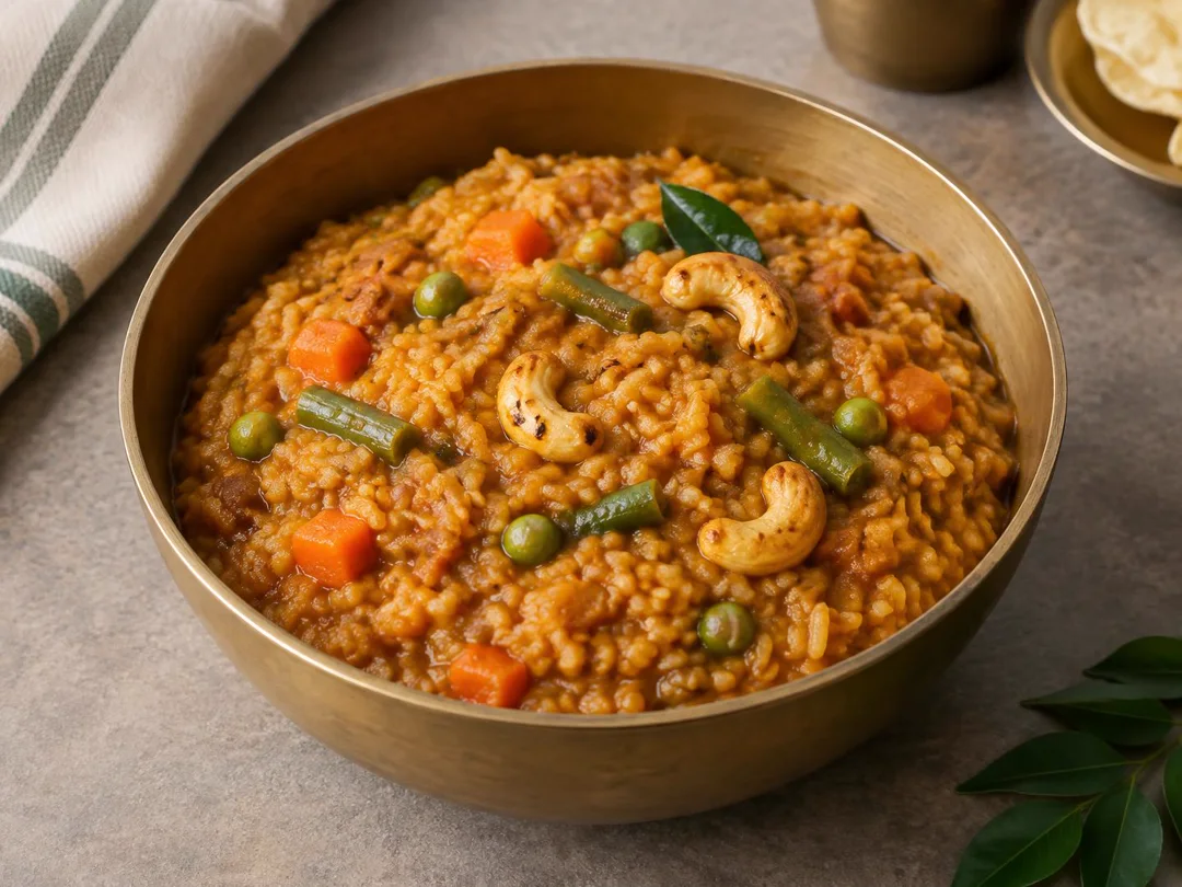 Bisi Bele Bath — Thick Karnataka bisi bele bath with vegetables, cashews and ghee