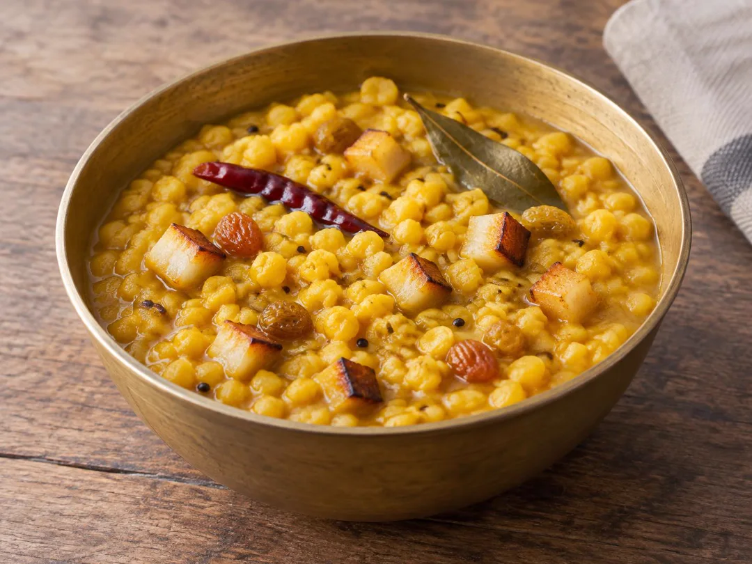 Cholar Dal — Bengali cholar dal with intact Bengal gram, browned coconut and raisins