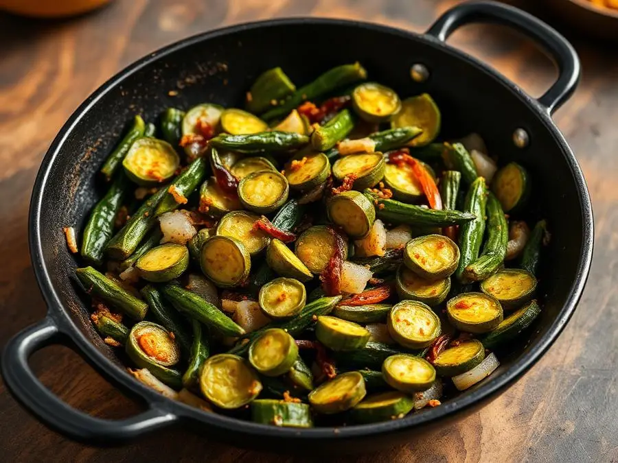 Bhindi Fry — Crisp okra (bhindi) fry in an iron kadai