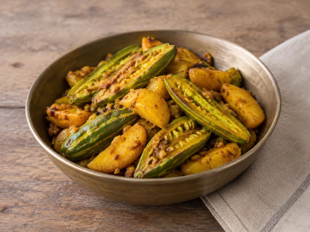 Parwal Aloo Ki Sabzi — Dry parwal aloo sabzi with striped pointed gourd and potato wedges