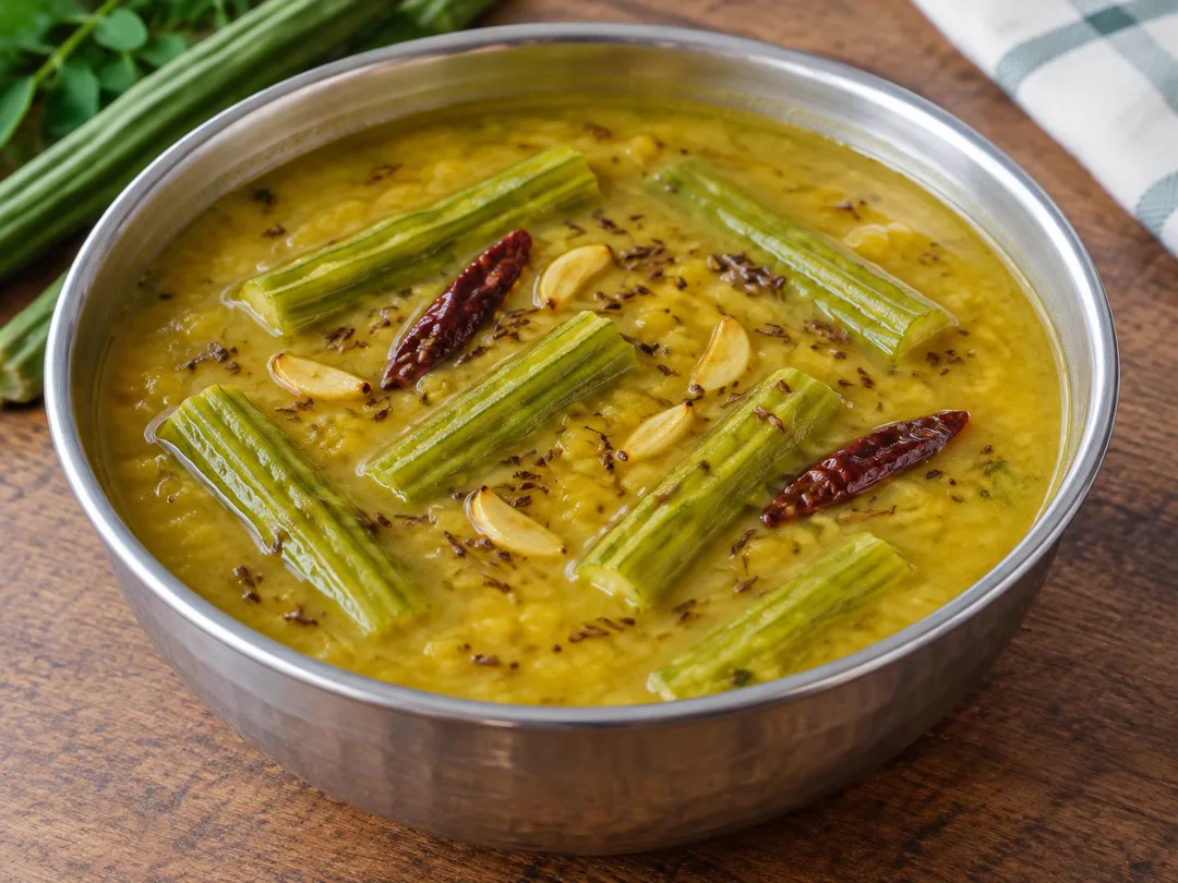 Drumstick Toor Dal — Yellow toor dal with ridged moringa pods and garlic-cumin tempering