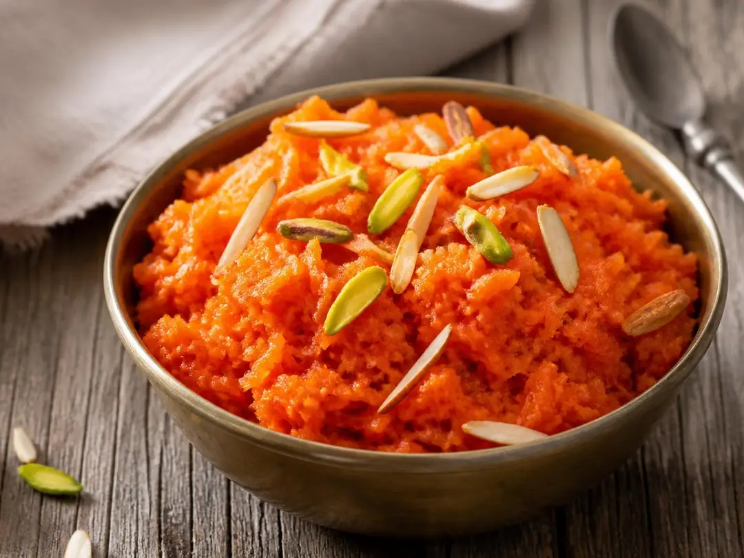 Gajar Halwa — Orange grated carrot halwa with almonds and pistachios