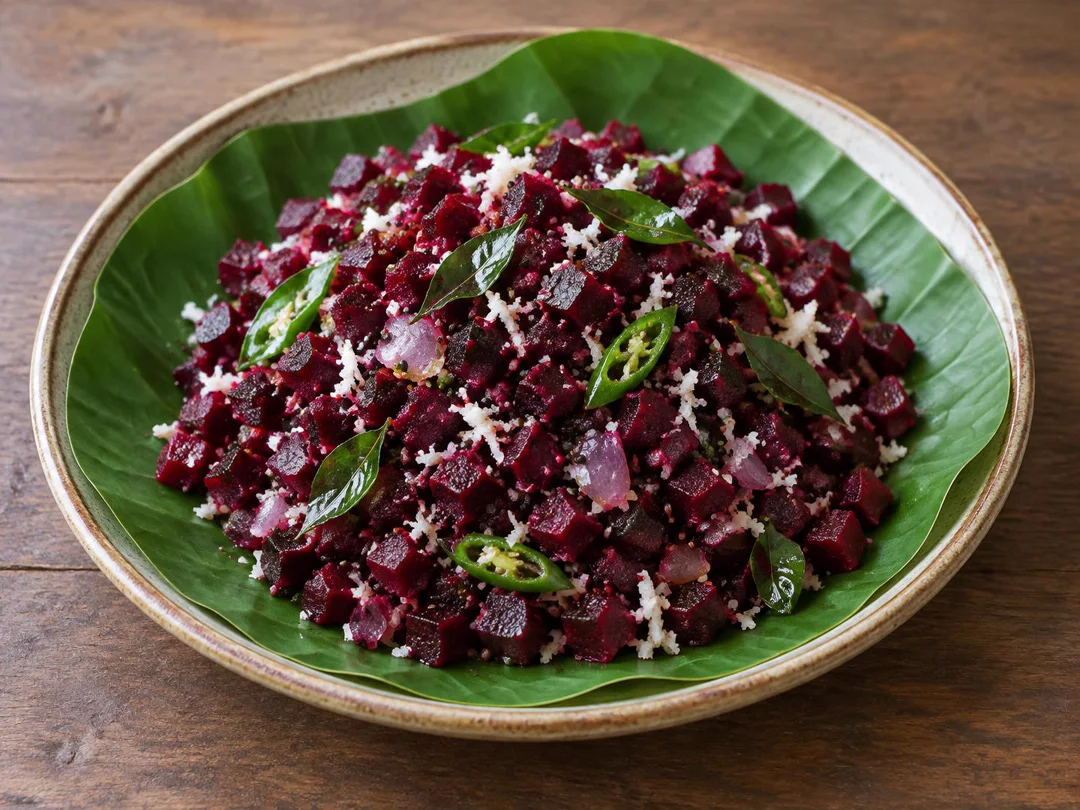 Beetroot Thoran — Dry Kerala beetroot cubes with grated coconut, mustard seeds, green chilli and curry leaves