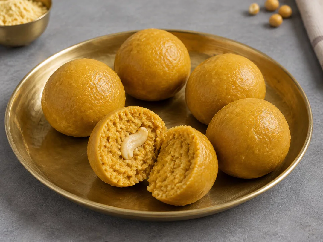 Besan Ladoo — Golden round roasted besan ladoos with fine gram-flour crumb and a cashew center